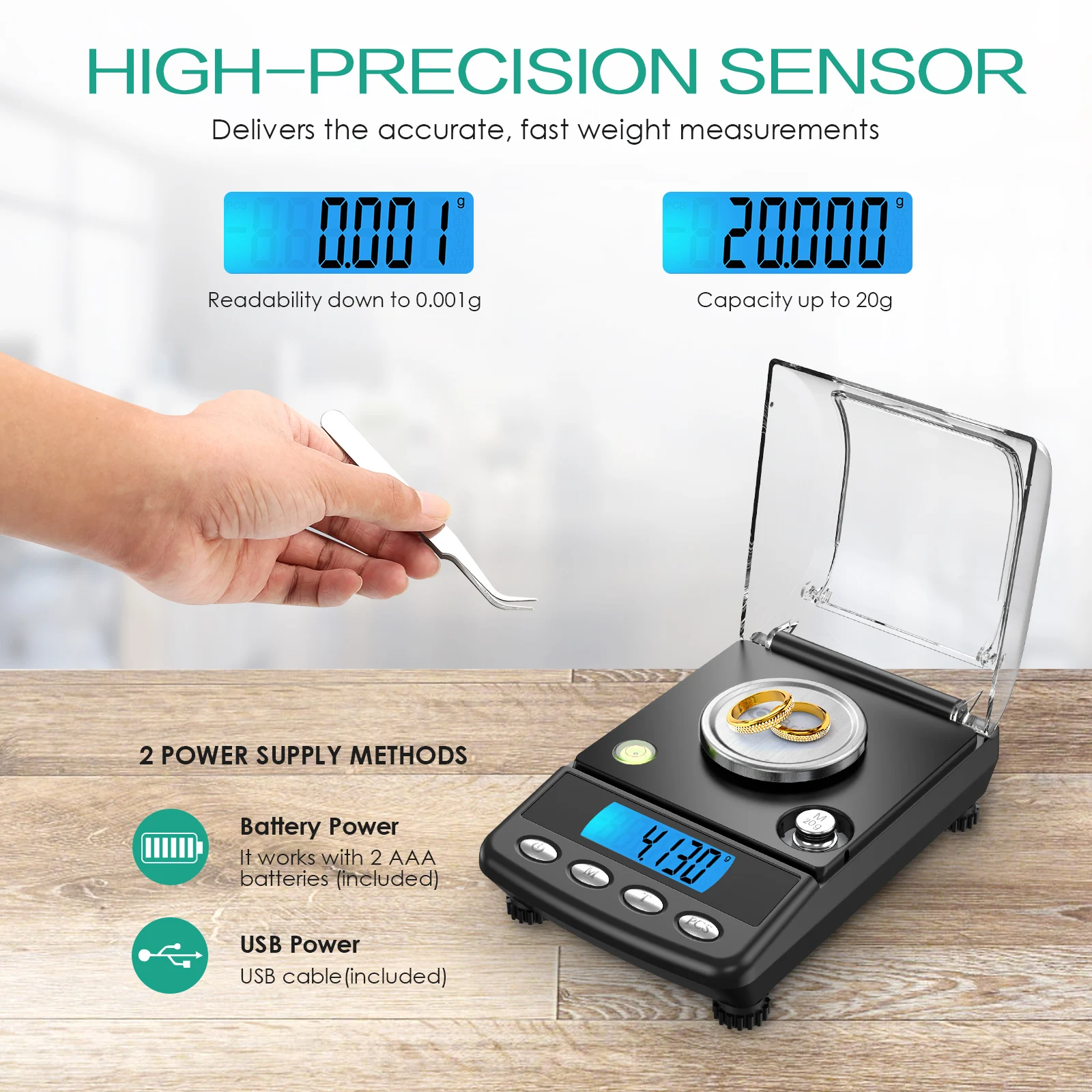 0.001g Precision Digital Jewelry Scale 20g USB Powered Electronic Weighing Scale LCD Mini Lab Balance 0.001g Electronic Scales – Image 2